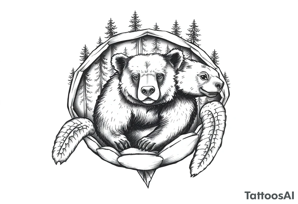 a bear in the forest inside a sea turtle shell tattoo idea