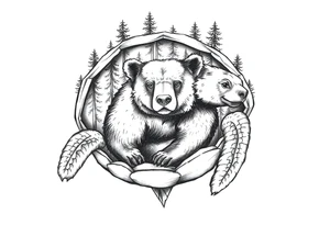 a bear in the forest inside a sea turtle shell tattoo idea