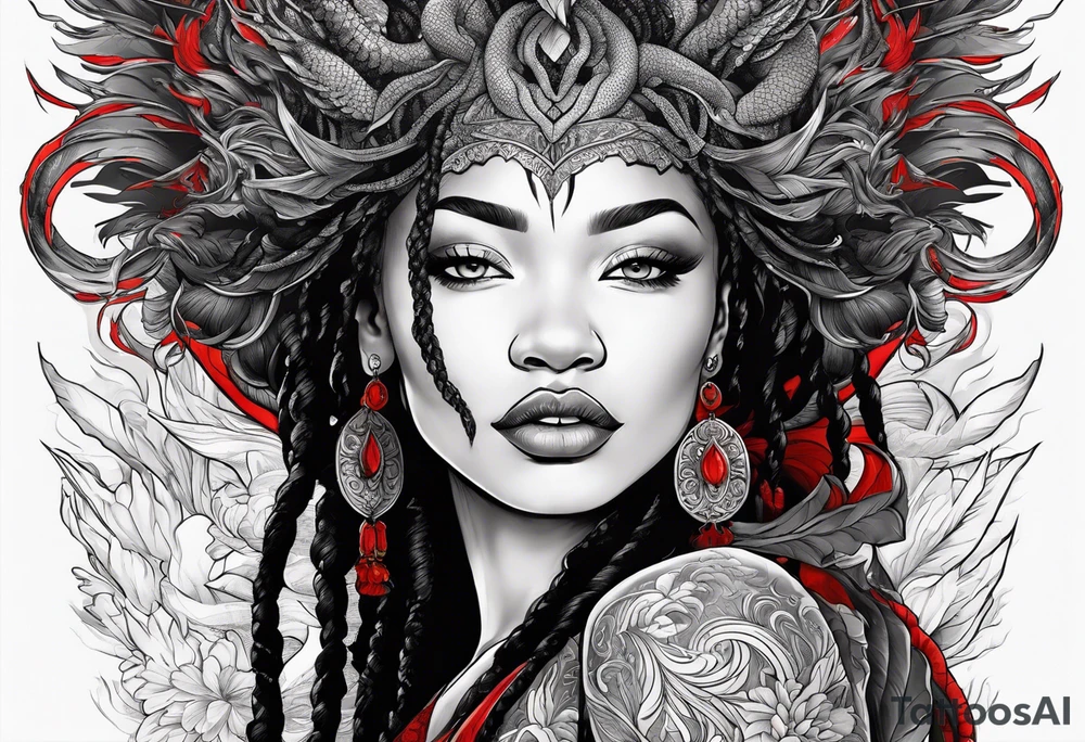 Woman with locs and red dragon in background tattoo idea