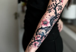 Japanese-Inspired Sakura Sleeve – A full arm sleeve with vibrant pink blossoms, bold black branches, and traditional elements like waves, smoke, and clouds, all done in a classical Irezumi style. tattoo idea