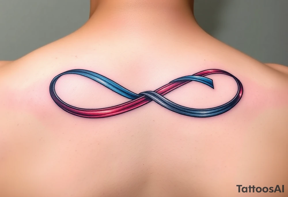 an infinity symbol with 5 colors of ribbons 3 march birthstone color, 1 october birthstone color, and 1 july birthstone color tattoo idea