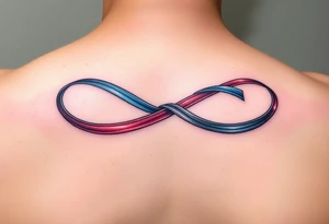 an infinity symbol with 5 colors of ribbons 3 march birthstone color, 1 october birthstone color, and 1 july birthstone color tattoo idea