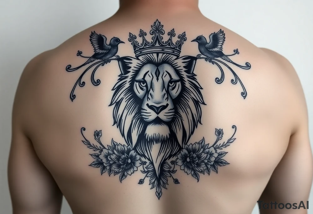 powerful majestic lion with a crown, surrounded by floral ornaments and birds tattoo idea