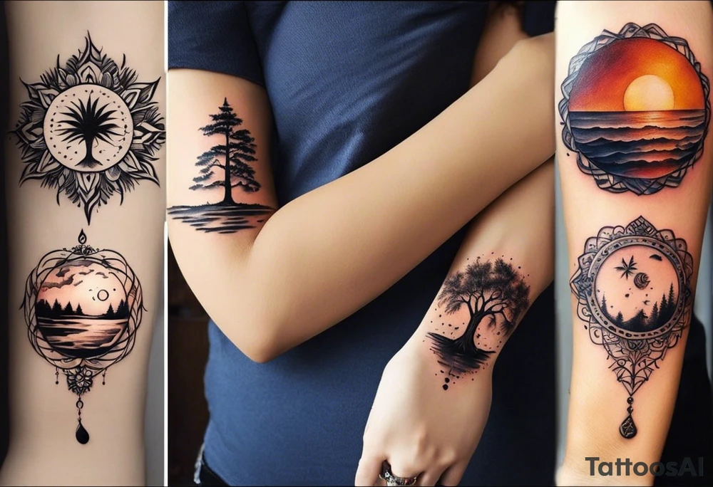 I love the idea of creating a couple tattoo design for you and your girlfriend! Here is a suggestion incorporating four of the six elements you mentioned:

How about a design featuring a sun and a moon intertwined, symbolizing balance and unity between the two of you? Below them, there could be a palm tree swaying gently in the breeze, representing strength and growth in your relationship. Surrounding the scene, water can flow as a continuous wave, symbolizing fluidity and adaptability in your journey together.

This design captures the essence of your connection with elements of nature while incorporating the sun, moon, palm tree, and water. tattoo idea