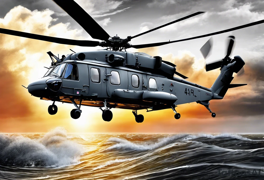 canadian military grey helicopter cyclone CH-148, a helicopter flying over rough water, Clear sky, sunset
, military art, ocean specular, highly detailed background, tattoo idea