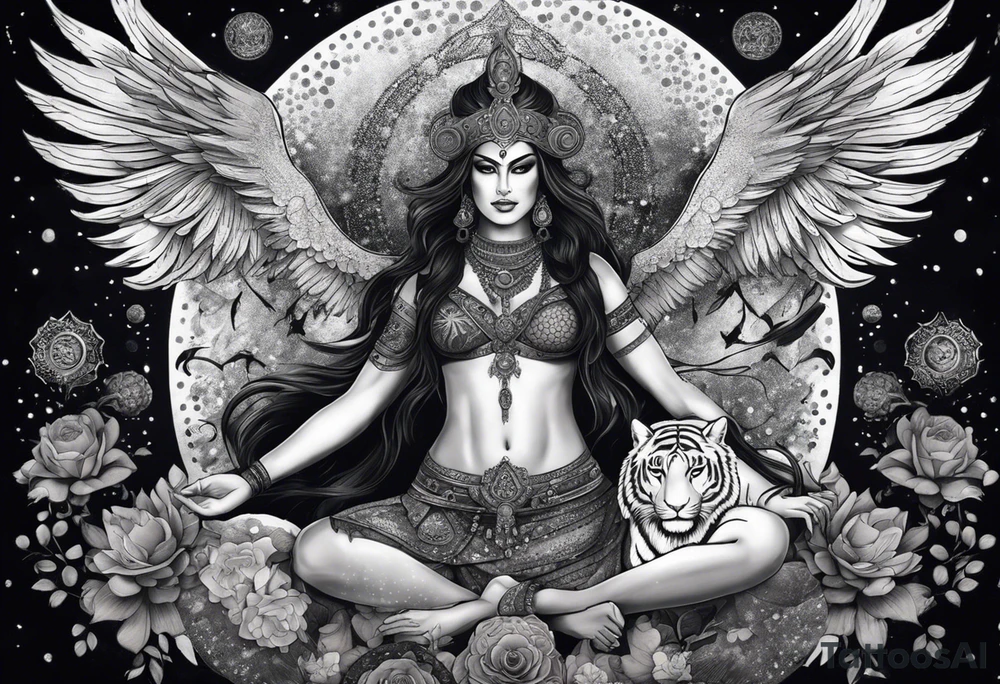 black kali, goddess pirate, alien, angel, pachamama, valkrye, warrior, flying, skull, lotus azul, wing, eagle, zenza resonance, stars, 5D, anahata chakra, death, durga, riding on a tiger, flying lady, kundalini, chest tatoo, samuri, rebel tattoo idea