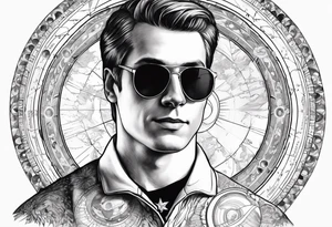 portrait of Joseph Smith Jr. wearing a Dartmouth College shirt, and hypnotic looking sunglasses, with a solar system background tattoo idea