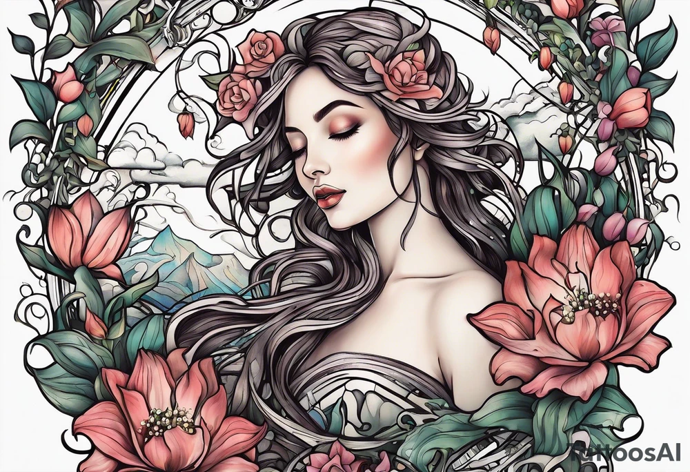 The words, "All the Things. Everywhere." Surrounded by vines and Lilly of the Valley and Larkspur flowers tattoo idea