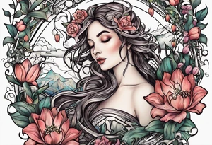 The words, "All the Things. Everywhere." Surrounded by vines and Lilly of the Valley and Larkspur flowers tattoo idea