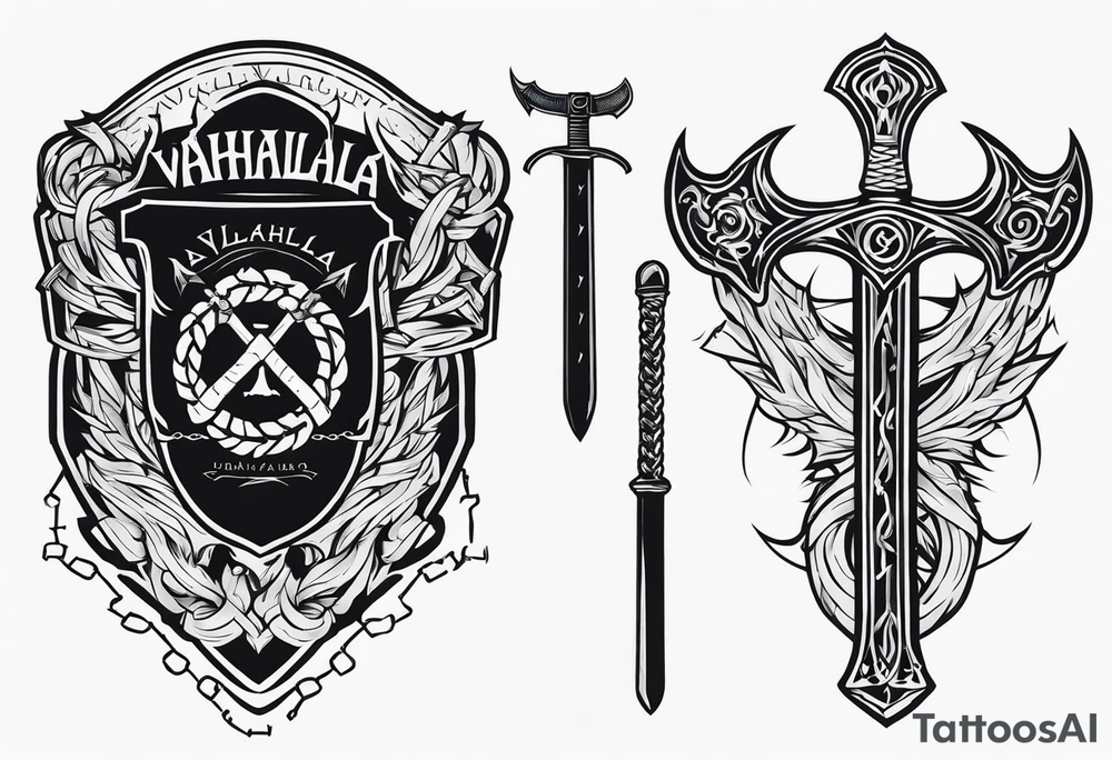 Valhalla sword round shield axe barbed wire chains tattoo idea