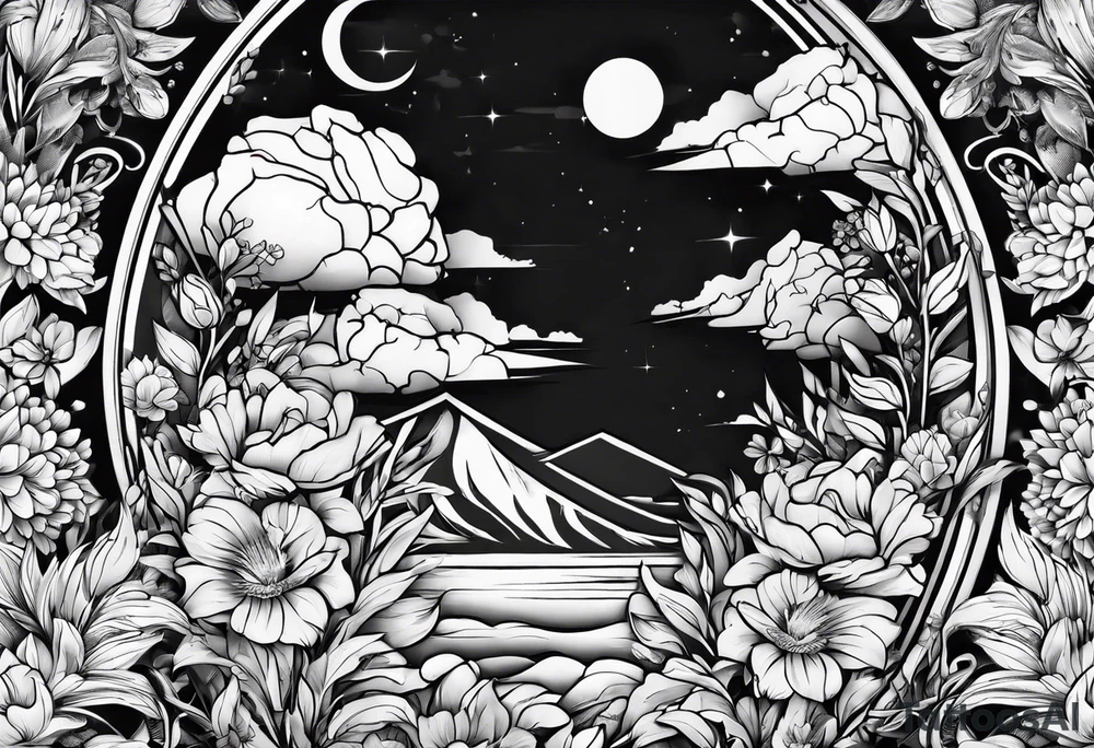 Round boarder with empty space in the inside surrounded by flowers tattoo idea