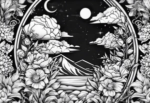 Round boarder with empty space in the inside surrounded by flowers tattoo idea
