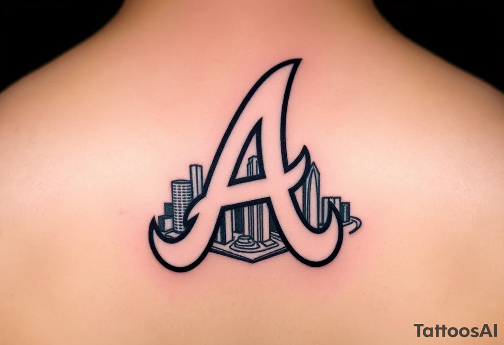 Atlanta Braves letter logo “A” overlapping a 3D Atlanta skyline behind the logo tattoo idea