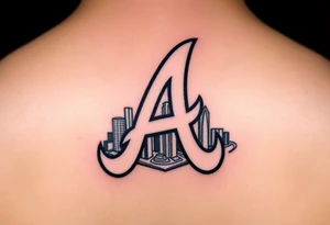 Atlanta Braves letter logo “A” overlapping a 3D Atlanta skyline behind the logo tattoo idea