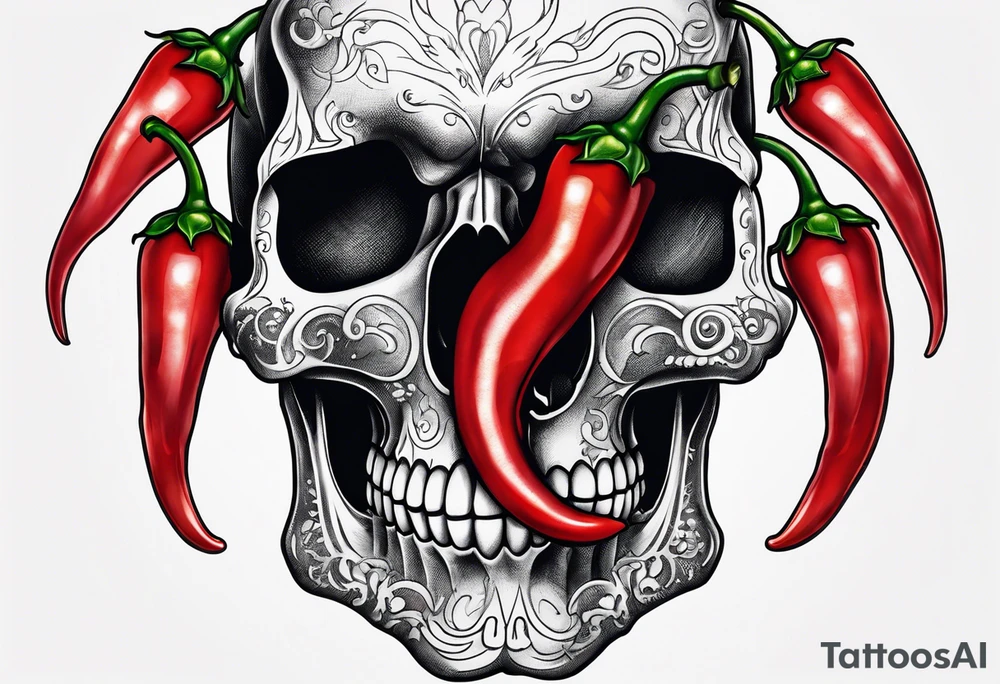 A chilli pepper with a skull fused onto it and facing one of the sides. tattoo idea