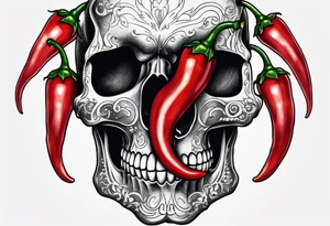 A chilli pepper with a skull fused onto it and facing one of the sides. tattoo idea