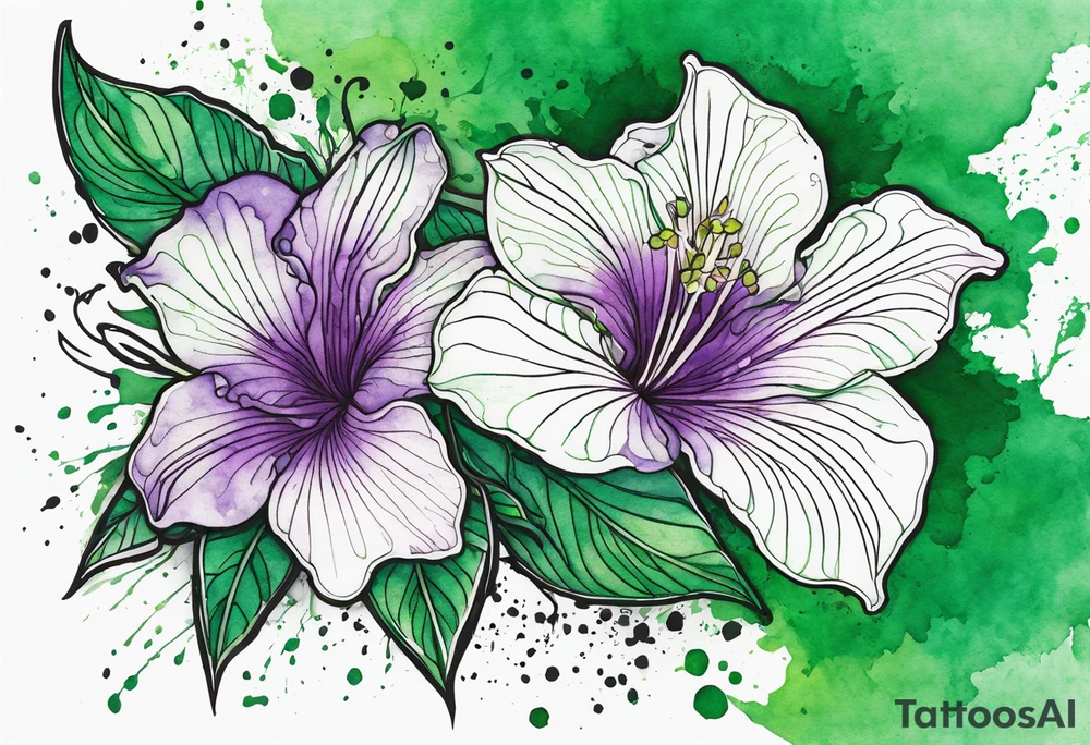 An outline of a green rio dipladenia flower and a green/purple watercolor splatter in the background tattoo idea