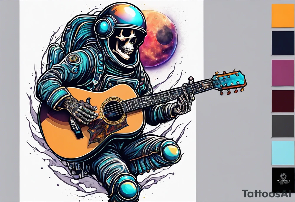 Skeleton astronaut playing acoustic guitar tattoo idea