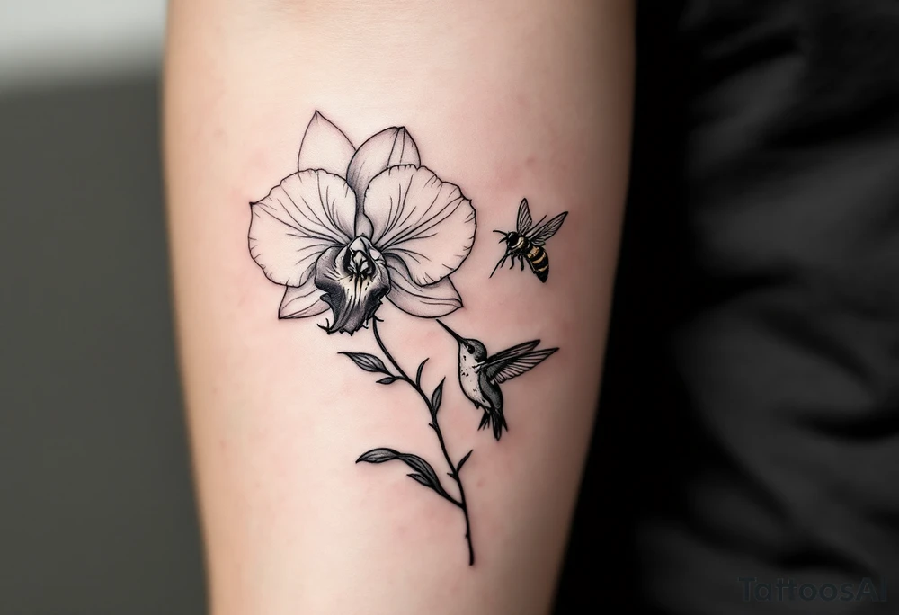 A delicate, black and white fine-line tattoo for male, featuring gracefully detailed 2 orchids in full bloom including their stems, with soft, intricate petals and elegant curves. Beside it, a hummingbird hovers mid-flight, its wings drawn with subtle motion lines, its slender beak reaching toward the orchid’s center to drink its nectar. on the other flower there is a bee that is resting tattoo idea