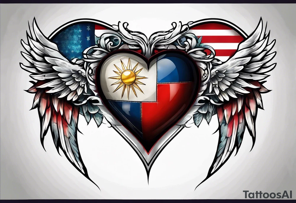 Flag inside of a heart with wings tattoo idea