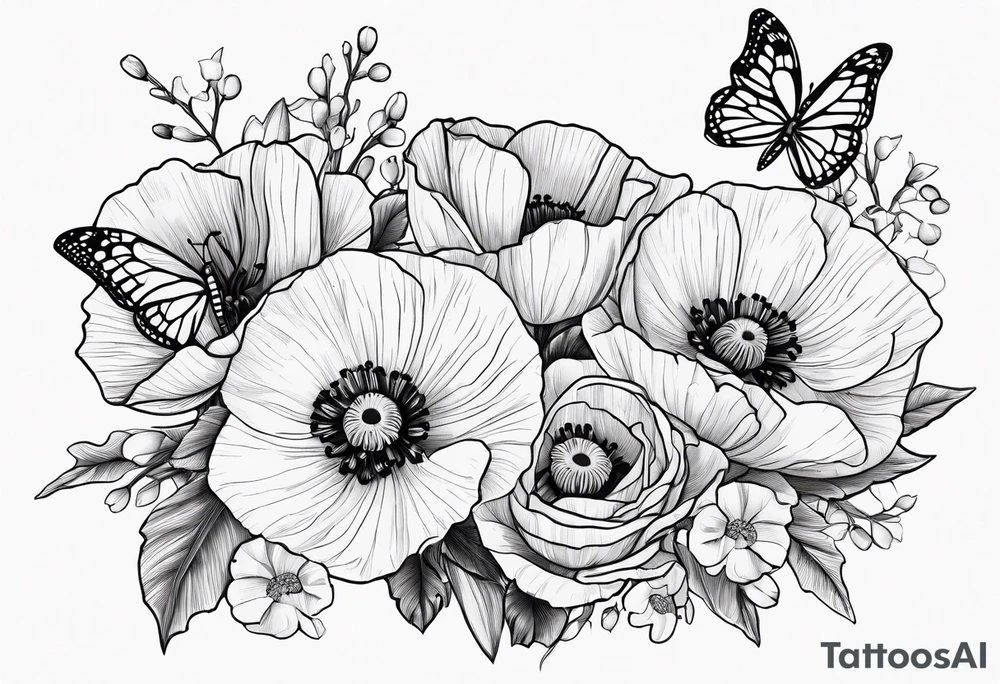 Bouquet of poppies and paperwhites and holly with. A butterfly tattoo idea