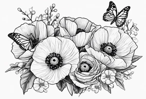 Bouquet of poppies and paperwhites and holly with. A butterfly tattoo idea