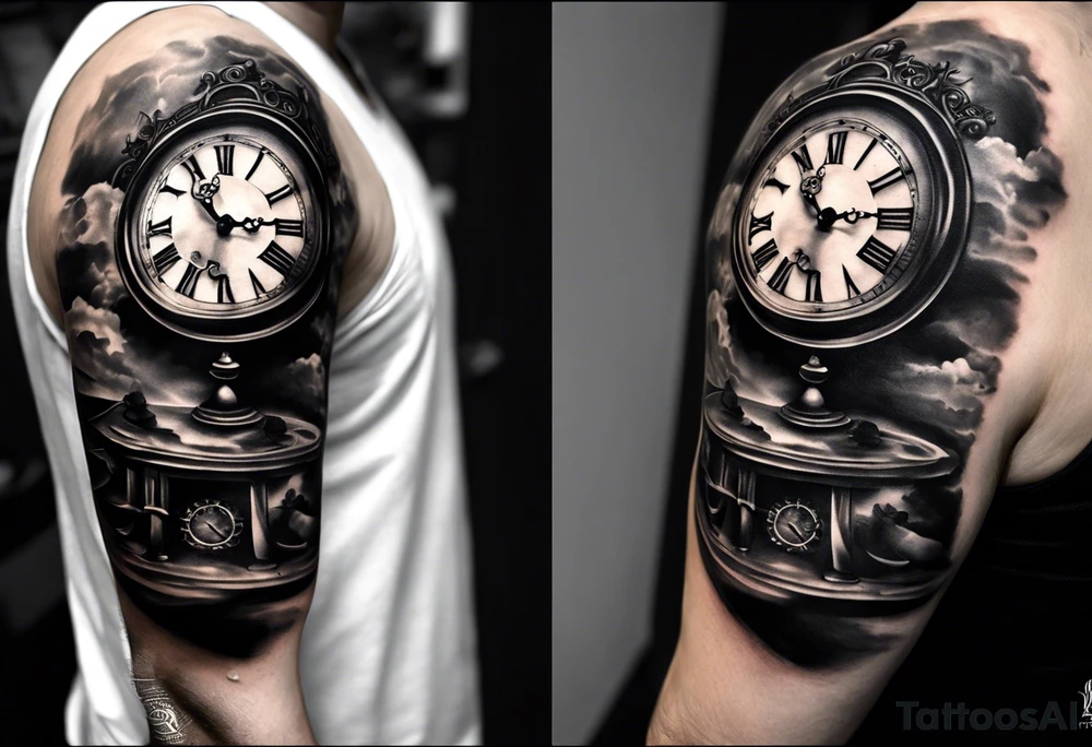 draw me a tattoo with an old clock and shadows of roman numerals are in the background. it is a tattoo located on the left shoulder of a man. it is black and white. Il représente le temps qui passe tattoo idea