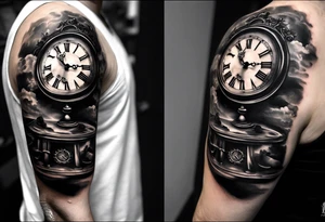 draw me a tattoo with an old clock and shadows of roman numerals are in the background. it is a tattoo located on the left shoulder of a man. it is black and white. Il représente le temps qui passe tattoo idea