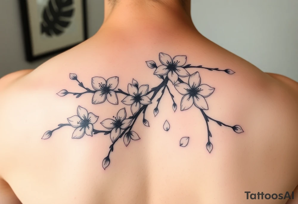 delicate cherry blossoms swirling in spring breeze with petals tattoo idea