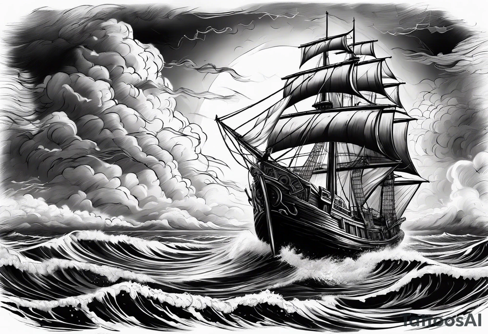 Delicate junk boat on the sea with storm clouds and lightning tattoo idea