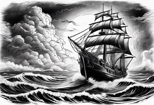 Delicate junk boat on the sea with storm clouds and lightning tattoo idea