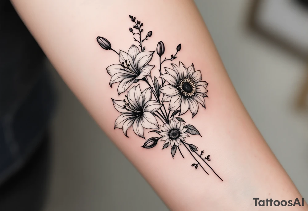 Stargazer lillies with small sunflowers and tulip buds in a dainty wildflower bouquet with stems tattoo idea
