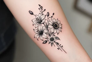 Stargazer lillies with small sunflowers and tulip buds in a dainty wildflower bouquet with stems tattoo idea