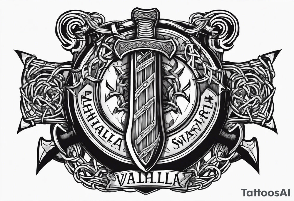 Valhalla sword round shield axe barbed wire chains tattoo idea