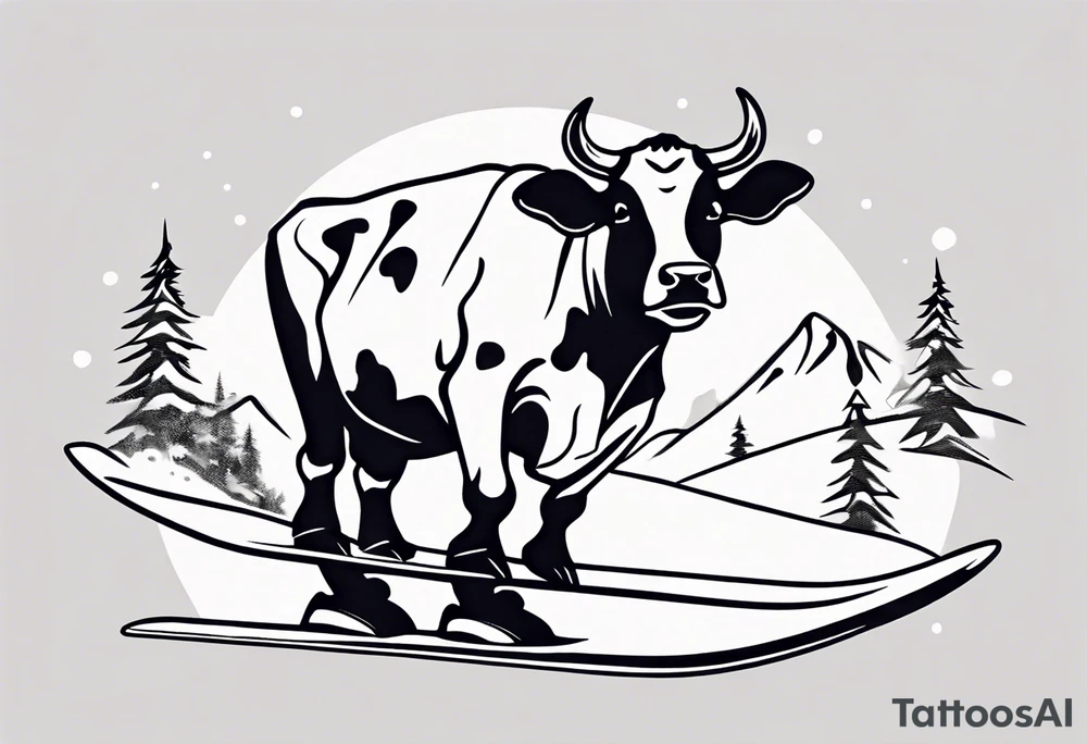 Generate a minimalist and simple black and white tattoo design featuring a joyful cow snowboarding, wearing goggles. Focus on essential lines and details to convey the playful spirit of the scene. The cow should exude confidence while effortlessly snowboarding down a snowy slope. Keep the design clean and uncluttered, suitable for a small to medium-sized tattoo space. Emphasize the charm and whimsy with the addition of goggles, ensuring the overall aesthetic remains simple and minimalistic. The goal is to create a visually appealing and easily recognizable tattoo that captures the essence of a cow enjoying a snowboarding adventure tattoo idea
