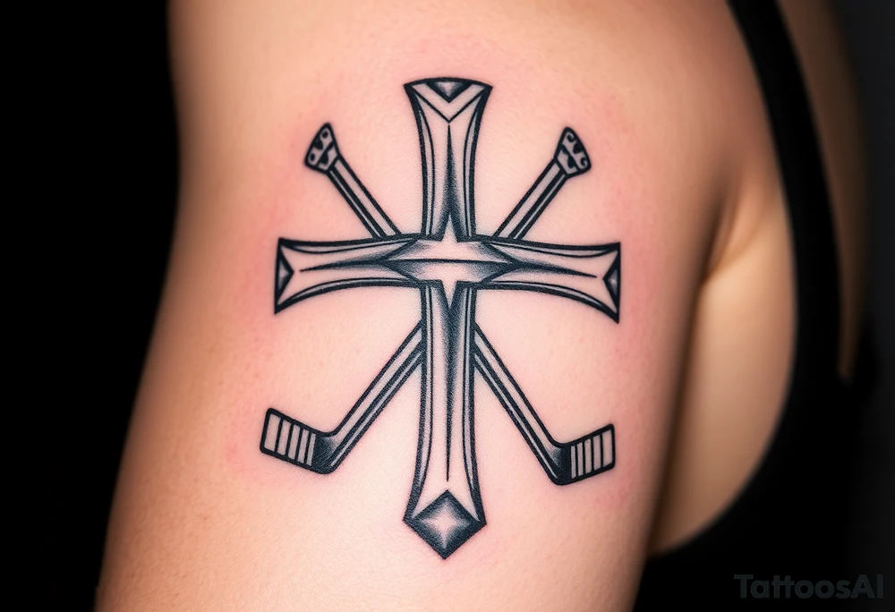 Realistic cross made out of hockey sticks tattoo idea