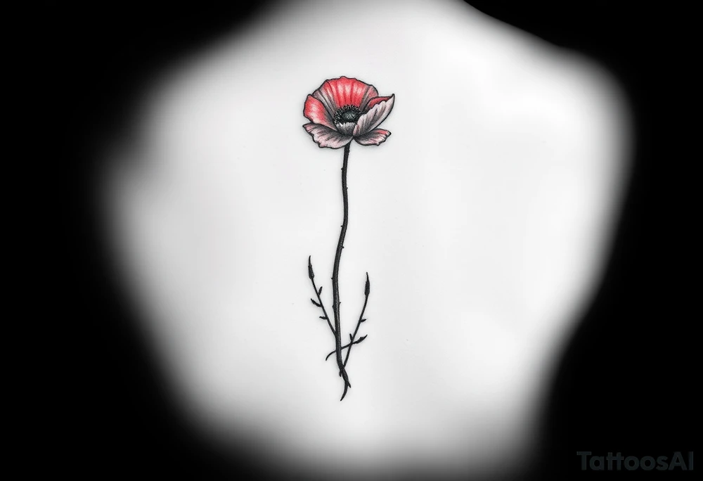 Single line drawing, artsy style, poppy growing up from cracks in pavement red watercolor coloring on poppy only back of ankle/heel or back of upper arm, more artistic rendering of cracks, very minimal/simplistic design tattoo idea