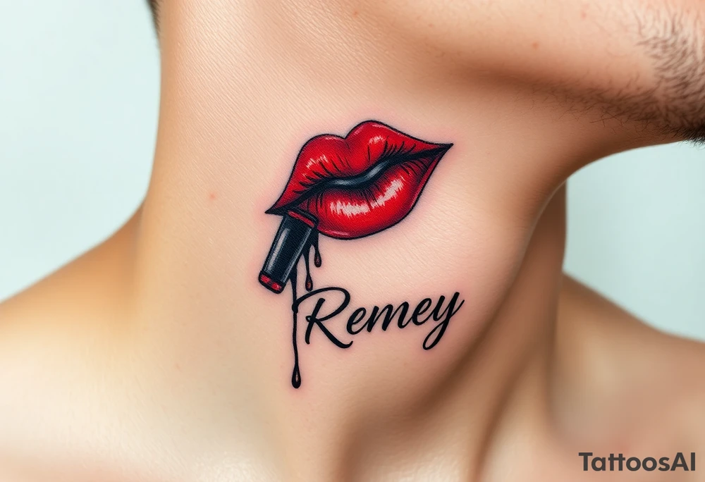 Seductive Stain from lipstick kiss with name Reney lowercase with drool tattoo idea