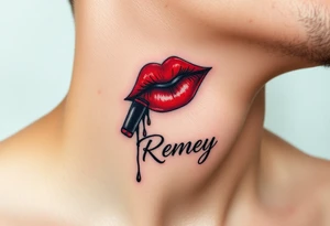 Seductive Stain from lipstick kiss with name Reney lowercase with drool tattoo idea