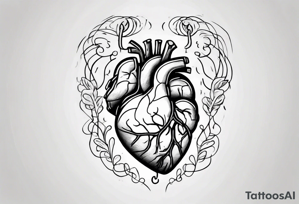 Heart and brain in line art, held down by a woman's hand holding them by string tattoo idea