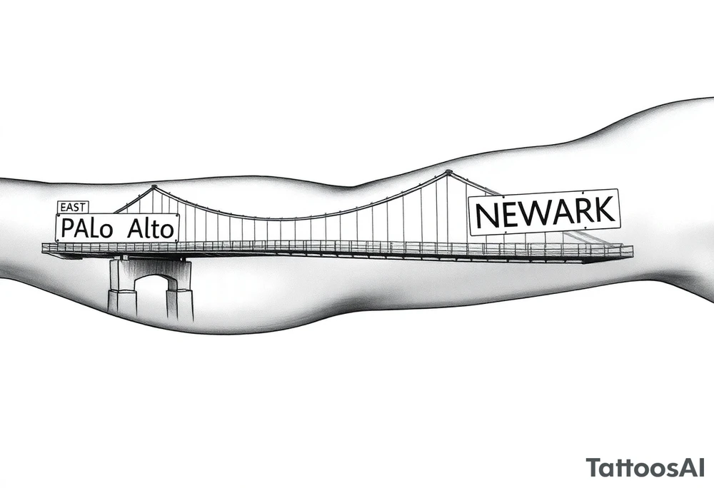A bridge over water with two cities on the side. The city signs on the side of the bridge. East Palo Alto on the left and Newark on the right tattoo idea