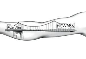 A bridge over water with two cities on the side. The city signs on the side of the bridge. East Palo Alto on the left and Newark on the right tattoo idea