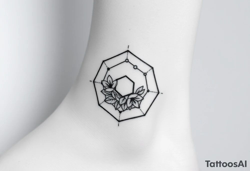 Hexagon with a constellation sign for Leo,  larkspur and water lilies in the center tattoo idea