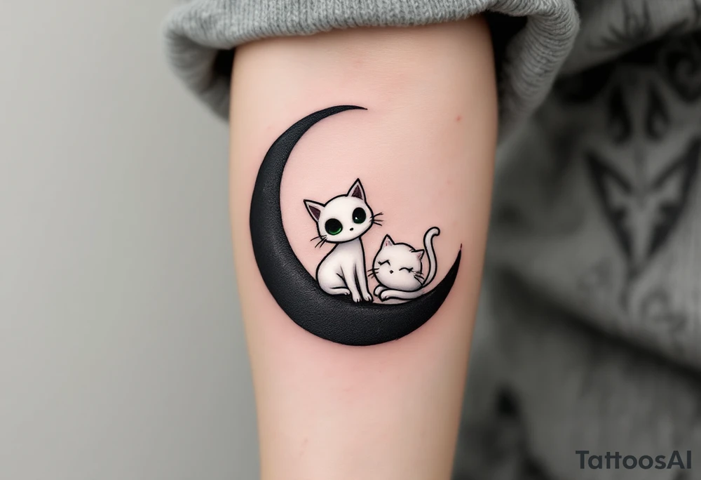 Tim Burton’s ghost and stitched cat glows faintly white with sunken green eyes, curled on a black crescent moon. tattoo idea