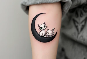 Tim Burton’s ghost and stitched cat glows faintly white with sunken green eyes, curled on a black crescent moon. tattoo idea