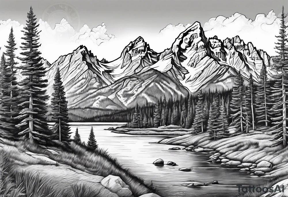 grand Teton mountains with compass tattoo idea