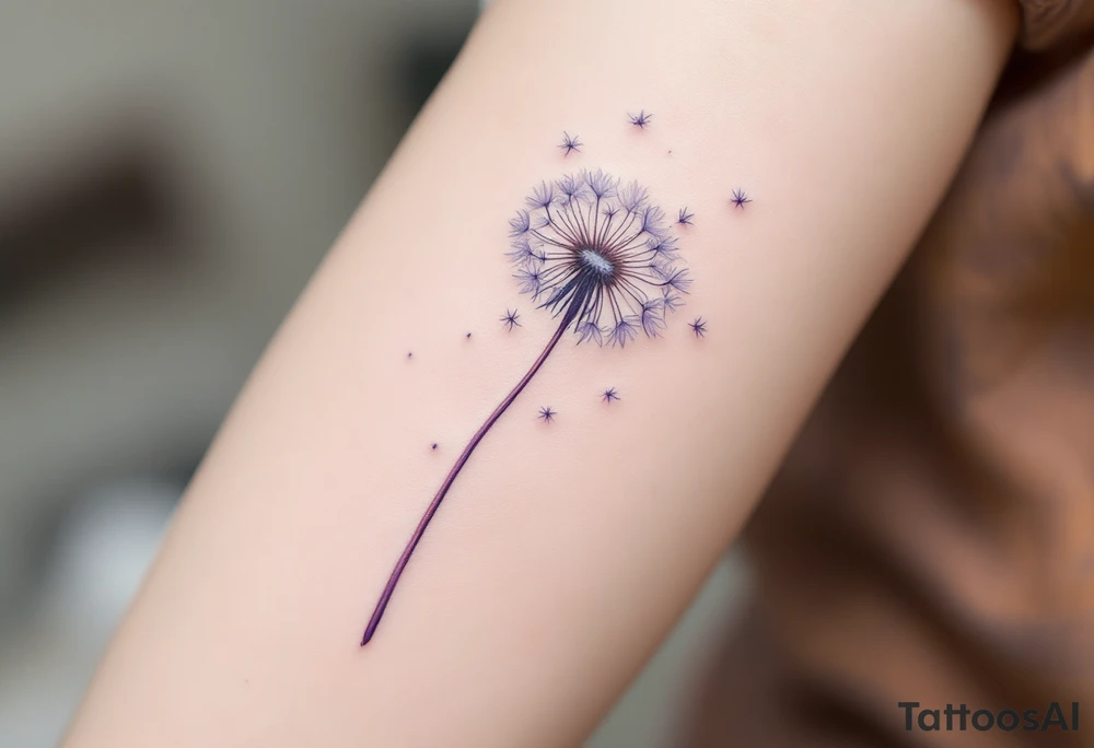 Delicate faded dandelion in soft gray ink, seeds gently floating upward with a whisper of pastel lavender. tattoo idea
