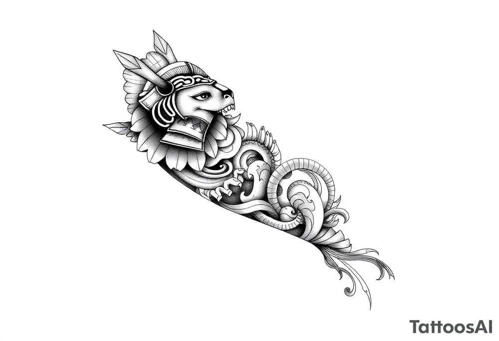 vorrei un tatuaggio samoano/polinesiano che ricopra tutta la gamba dal polpaccio fino alla caviglia, in stile tradizionale con linee spesse e motivi geometrici. la base deve essere simile ai classici tattoo samoani a fascia, ma personalizzato: con simboli di forza e combattimento (punte di lancia / niho mano), simboli di famiglia (figure enata), simboli del mare e del viaggio (onde, spirali), e un elemento di protezione come la tartaruga (honu). il disegno deve essere armonico e avvolgere la gamba a 360°. tattoo idea