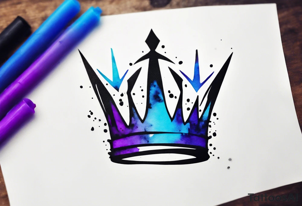 A tattoo of a minimalistic black crown and some negative space on a water color background of purple and blue. tattoo idea