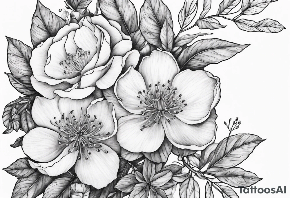 Botanical upper arm tattoo with natural and realistic looking honeysuckle and wild roses interwoven and a long tailed tit perched on it tattoo idea